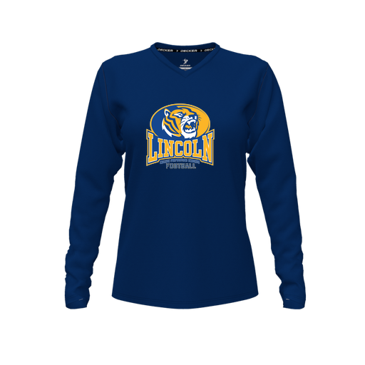 [CUS-DFW-TEES-CMF-VNK-LSL-NVY-FYXS-LOGO3] Decker Comfort T-Shirt (Female Youth XS, Navy, V Neck, Logo 3, Long Sleeve)