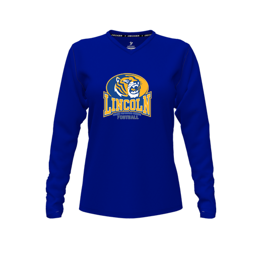 [CUS-DFW-TEES-CMF-VNK-LSL-RYL-FYXS-LOGO3] Decker Comfort T-Shirt (Female Youth XS, Royal, V Neck, Logo 3, Long Sleeve)