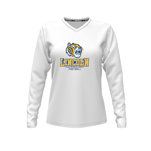 [CUS-DFW-TEES-CMF-VNK-LSL-WHT-FYXS-LOGO1] Decker Comfort T-Shirt (Female Youth XS, White, V Neck, Logo 1, Long Sleeve)