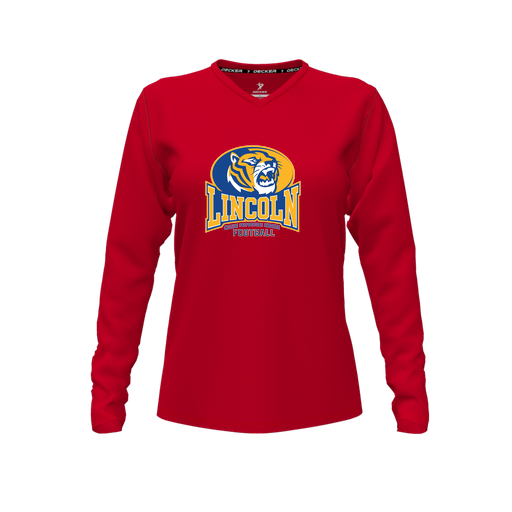 [CUS-DFW-TEES-CMF-VNK-LSL-RED-FYXS-LOGO3] Decker Comfort T-Shirt (Female Youth XS, Red, V Neck, Logo 3, Long Sleeve)